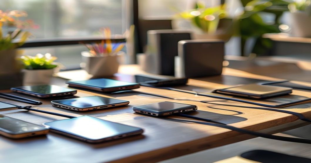 Comparison of various portable power banks and smartphones on a clean desk with charging accessories