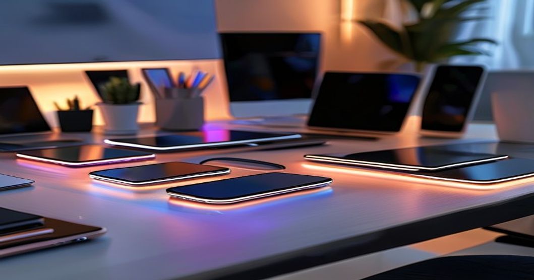 Multiple smartphones charging wirelessly on contemporary charging stands and pads on a desk setup