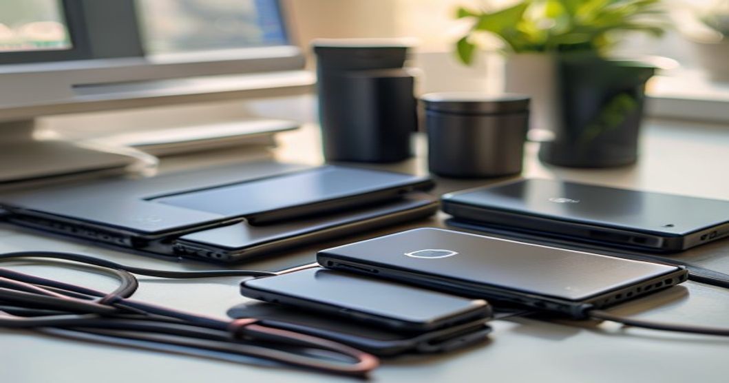 Best power bank for smartphones showing multiple portable chargers next to a phone with charging cables