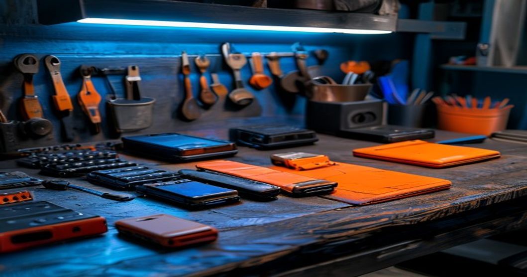 Rugged phone cases for construction with belt clip attachment on dark workspace with blue accent lighting