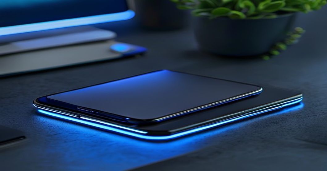 Best phone case with card holder and kickstand for travel displayed on dark desk with blue accent lighting