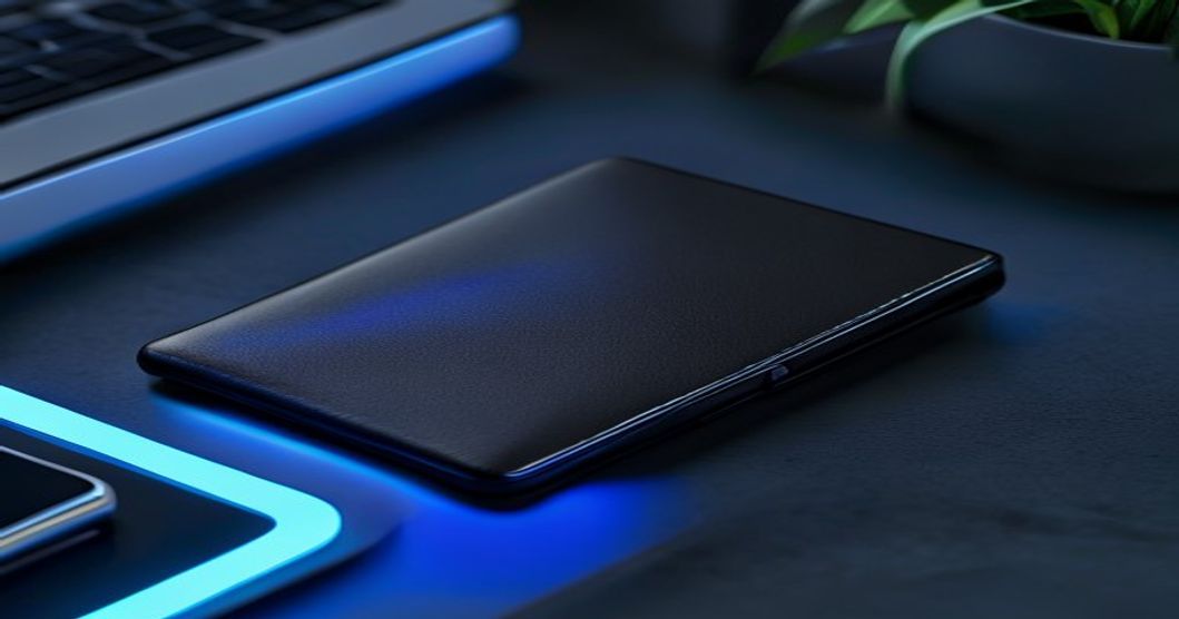 MagSafe wallet case for iPhone 16 Pro Max displayed on dark desk with blue accent lighting