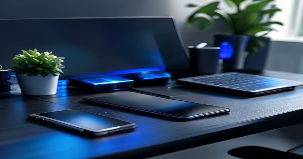 Best phone accessories to extend battery life displayed on a dark tech desk with blue lighting
