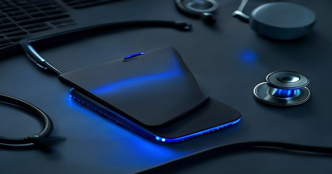 Antimicrobial phone case for healthcare workers on a dark desk with blue lighting