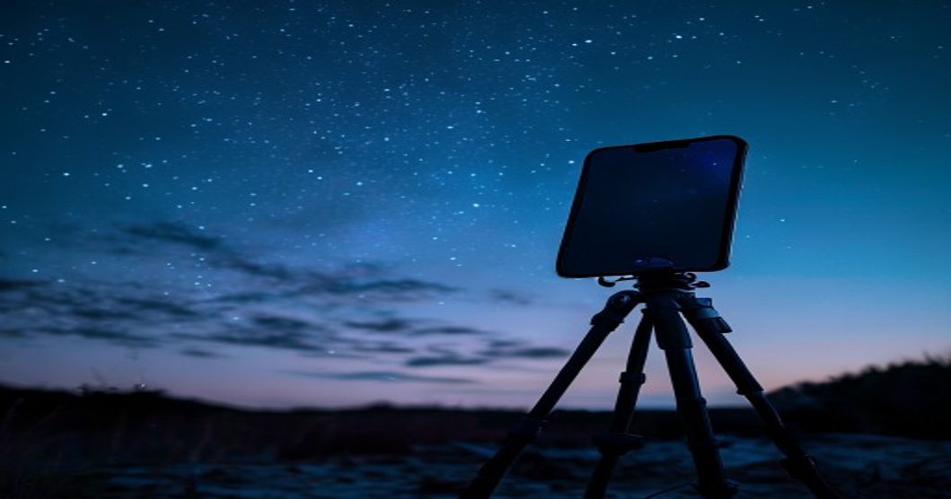 Smartphone mounted on tripod for stargazing with night sky in background, blue accent lighting