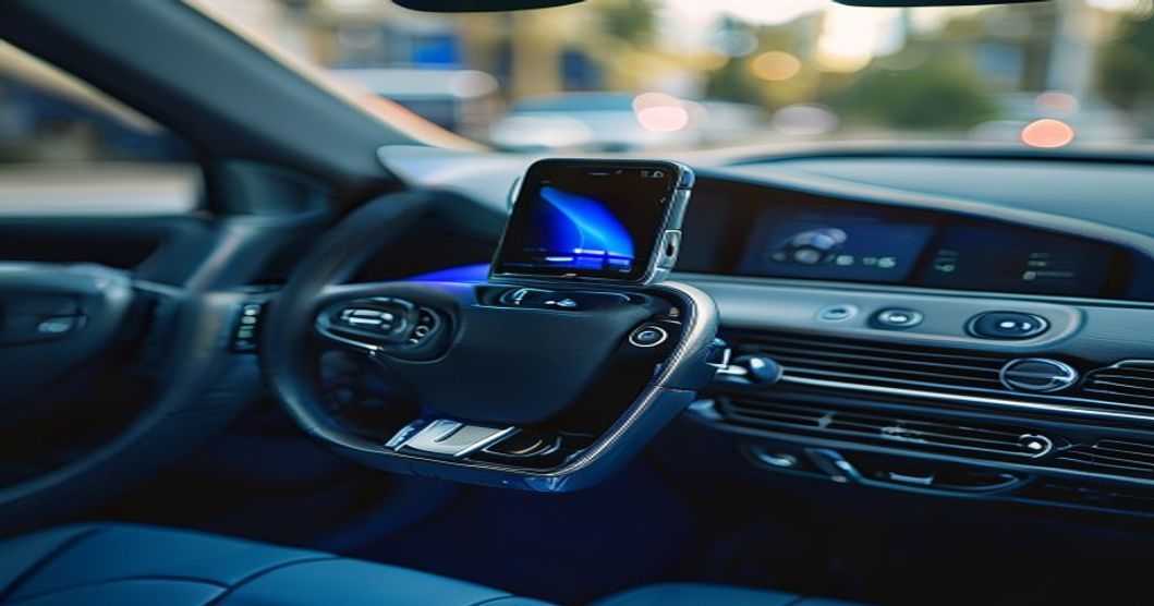 Phone case with quick release mount secured on a car dashboard with cool blue accent lighting
