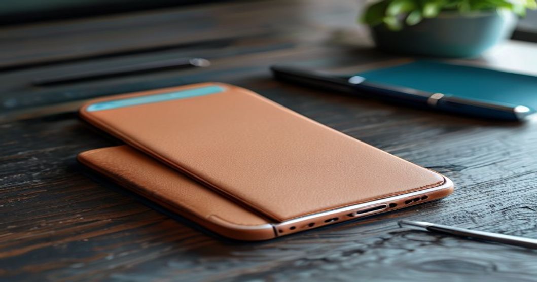 Phone case with leather back and aluminum frame on minimalist desk setup