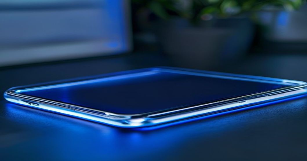 Best phone screen protector applied to smartphone with blue accent lighting on dark desk