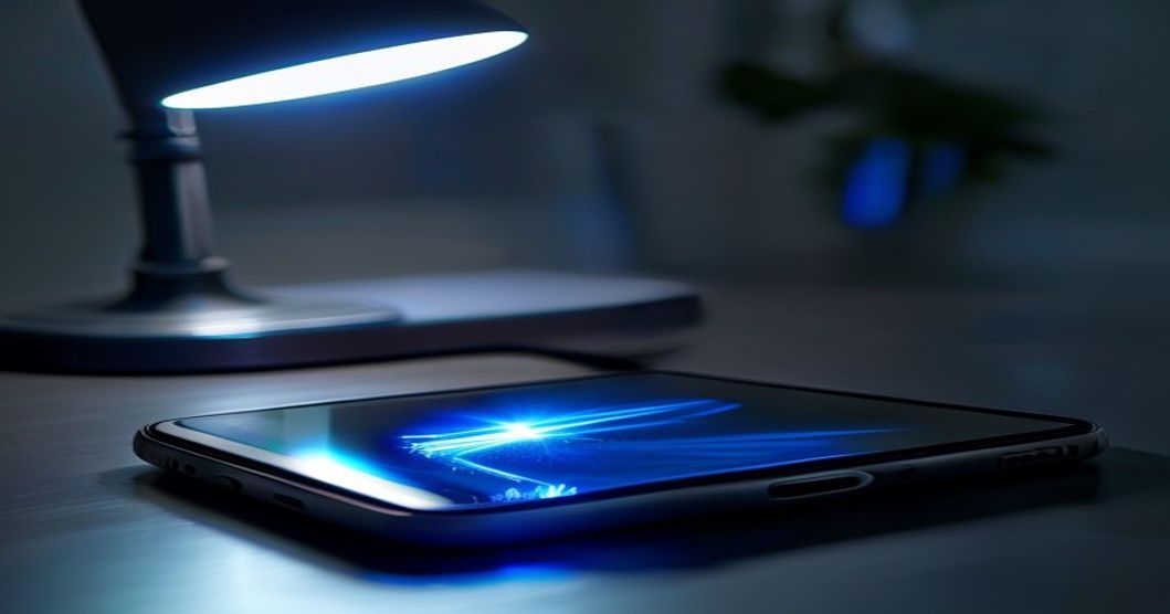 Best phone camera lens protector on a dark desk with blue accent lighting showing detail and clarity
