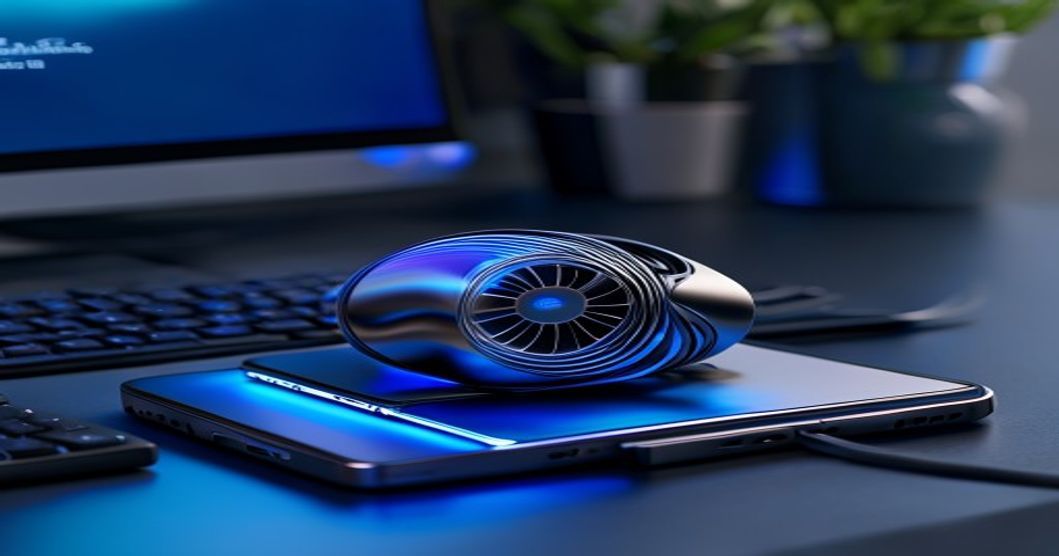 Best phone cooling fan mounted on smartphone with blue accent lighting on dark desk