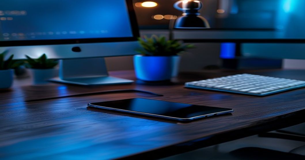 best phone kickstand for desk setup with cool blue lighting on dark desk
