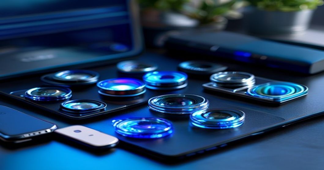 Best phone lens filter kit components displayed on dark surface with professional blue lighting