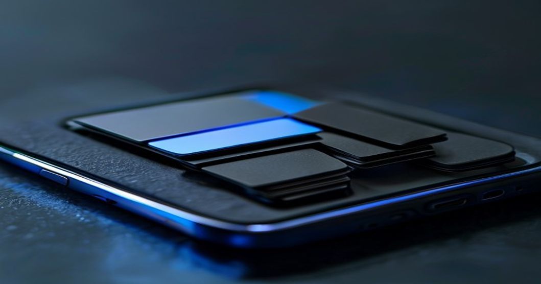 Phone case card holder slot and kickstand detail with cards inserted, cool blue lighting