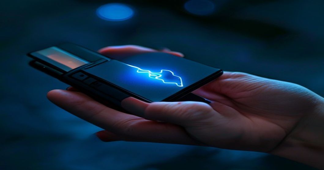 Battery case on smartphone showing charging port and slim profile design