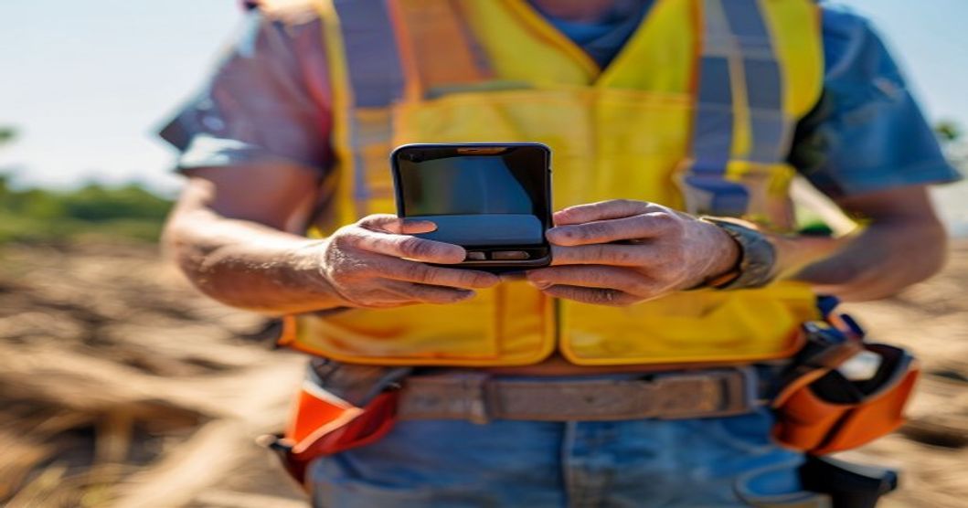 Outdoor worker using phone with anti-glare protection in bright daylight conditions