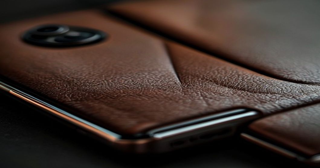 Leather back and aluminum frame detail of phone case