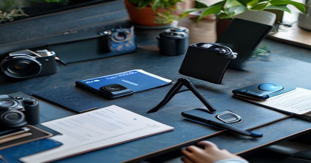 Phone case in kickstand mode on travel desk setup with documents and camera gear
