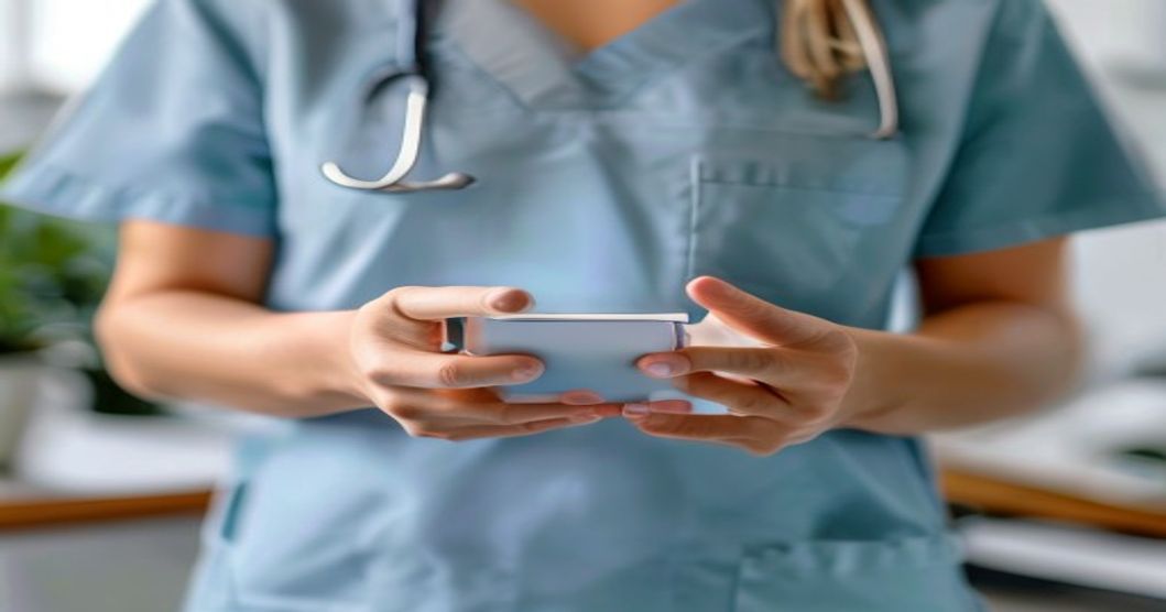 Healthcare professional using an antimicrobial phone case during work shift