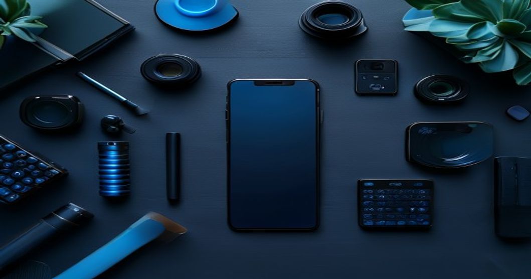 Collection of smartphone astrophotography accessories arranged on dark desk with blue lighting