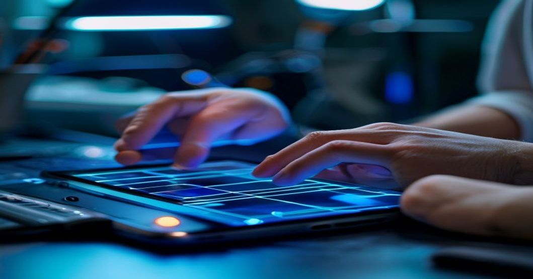 Professional screen protector installation with alignment tools and careful hand positioning