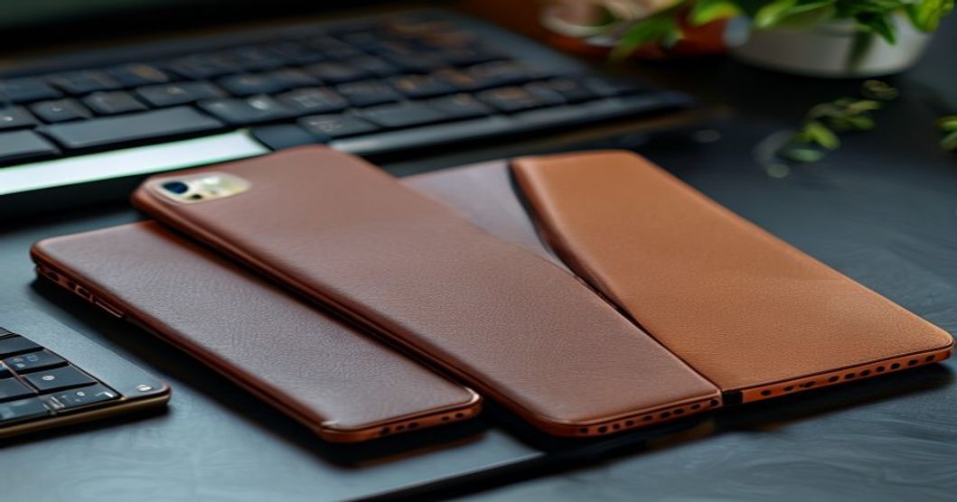 Comparison of two phone case styles with different leather and metal finishes
