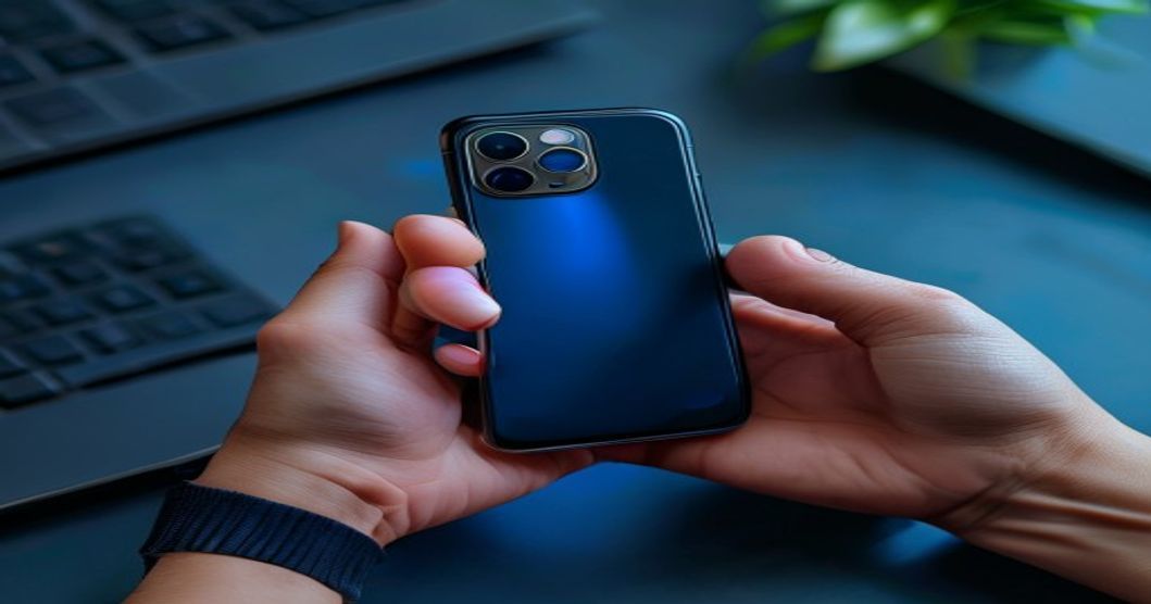 Hand holding phone with grip ring installed, demonstrating comfort grip