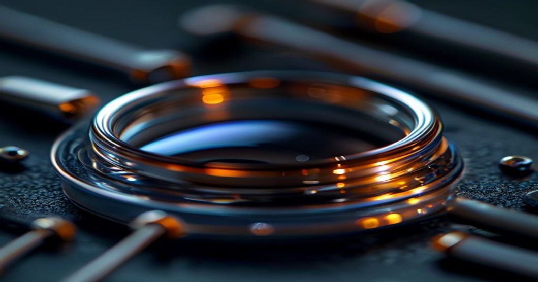 Detailed view of lens filter optical glass quality and mounting hardware on tech desk