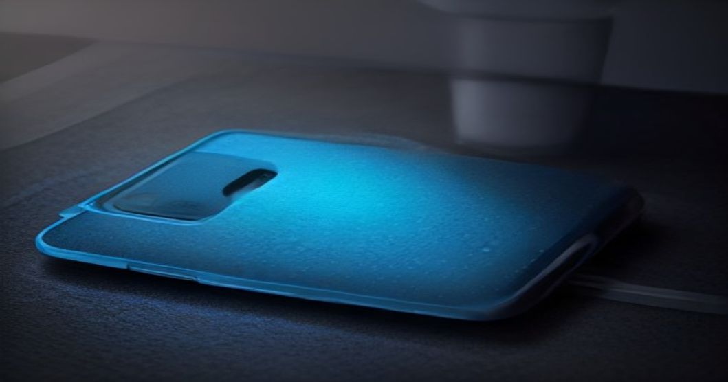 phone case with grip texture and anti-fingerprint coating displayed in cool blue lighting on dark desk