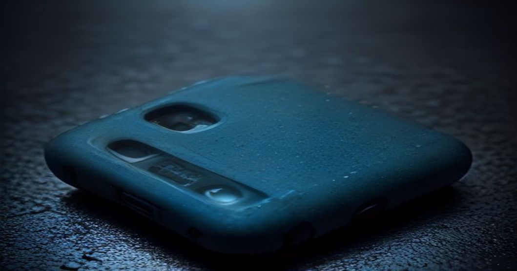Waterproof drop-proof phone case on industrial workbench with cool blue lighting