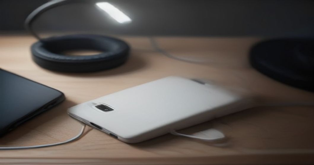 Phone case in a realistic tech workspace setting with accessories and cool ambient lighting